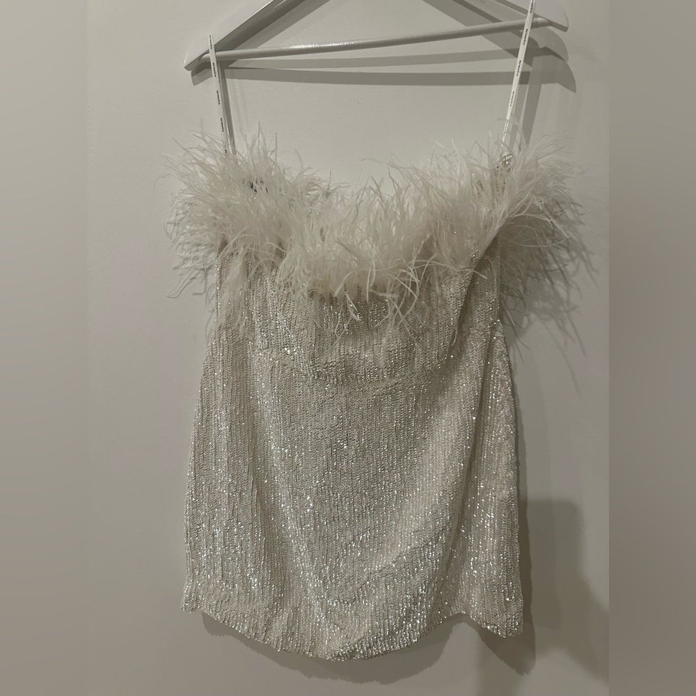 Retrofete NWT XXLarge White Sequin Feather Strapless Torin Dress - Picture 13 of 14